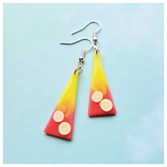 Strawberry Lemonade Earrings Yellow and Pinkish Red Lemon Dangle Earrings - Picture 1 of 10
